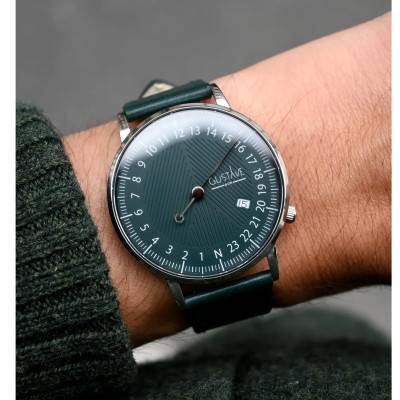 Montre 24H André Argent & Vert Cuir Vert Émeraude Surpiqué 40mm - Gustave & Cie
