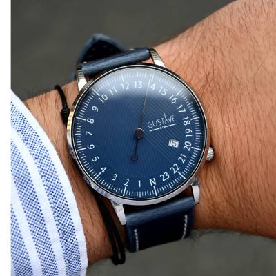 Silver & Blue 40mm André 24H Watch Vegetable-Tanned PU Blue Topstitched - Gustave & Cie