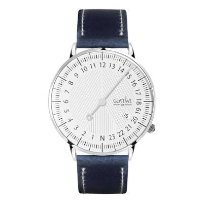 André Silver & White Blue Topstitched Vegetable-Tanned PU 24H Watch 40mm - Gustave & Cie