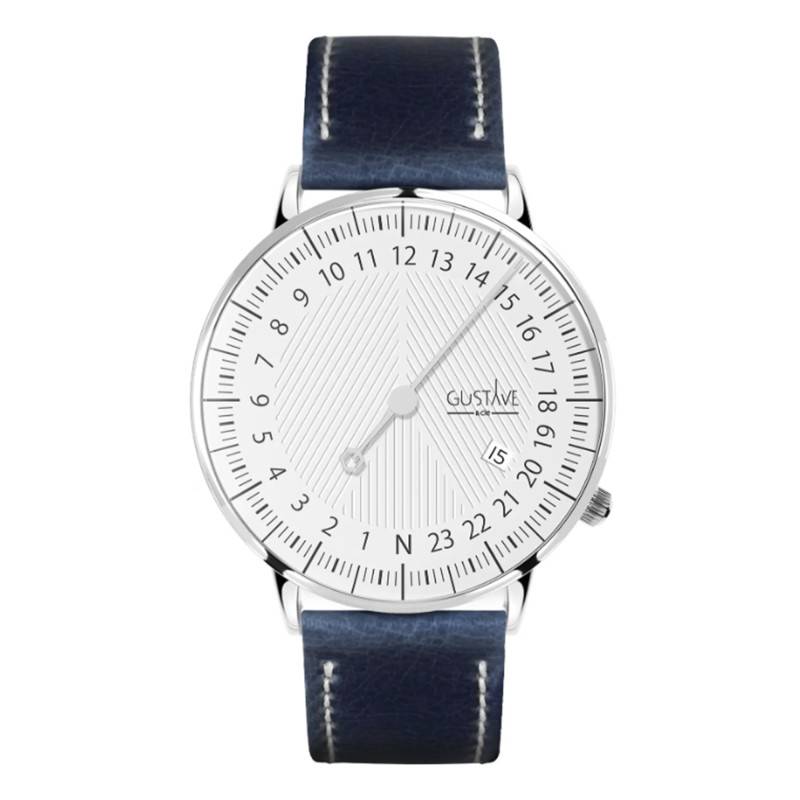 André Silver & White Blue Topstitched Vegetable-Tanned PU 24H Watch 40mm - Gustave & Cie