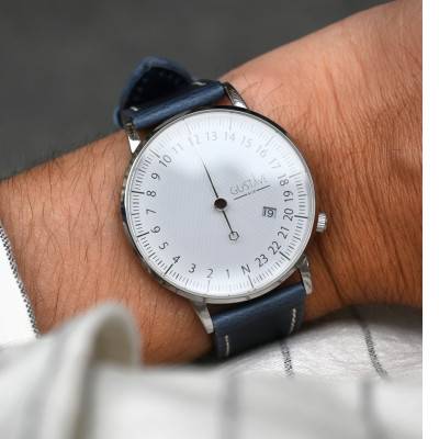 André Silver & White Blue Topstitched Vegetable-Tanned PU 24H Watch 40mm - Gustave & Cie