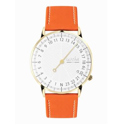 Montre 24H André Or & Blanc Cuir Orange Clémentine Surpiqué 36mm - Gustave & Cie