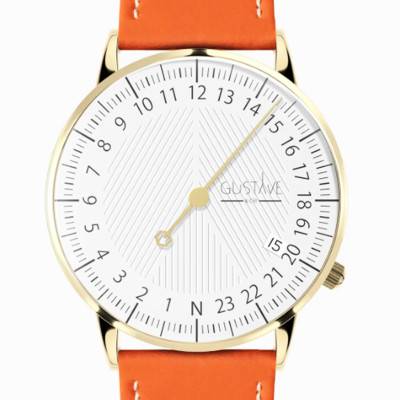 Montre 24H André Or & Blanc Cuir Orange Clémentine Surpiqué 36mm - Gustave & Cie