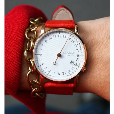 Montre 24H André Or Rose & Blanc Cuir Corail Grainé 36mm - Gustave & Cie