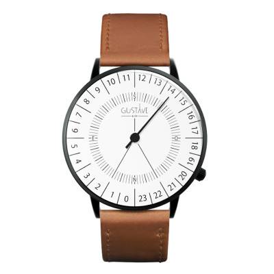 Montre 24H Antoine Noir & Blanc Cuir Marron Havane Surpiqué 40mm - Gustave & Cie