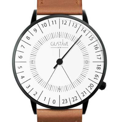 Montre 24H Antoine Noir & Blanc Cuir Marron Havane Surpiqué 40mm - Gustave & Cie