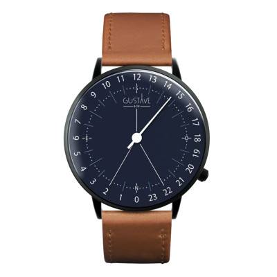 Montre 24H Antoine Noir & Bleu Cuir Marron Havane Surpiqué 40mm - Gustave & Cie