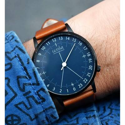 Montre 24H Antoine Noir & Bleu Cuir Marron Havane Surpiqué 40mm - Gustave & Cie