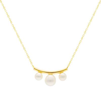 375 Yellow Gold & White Pearl Trilogy Necklace, Length 38 to 41 cm - Emanessence