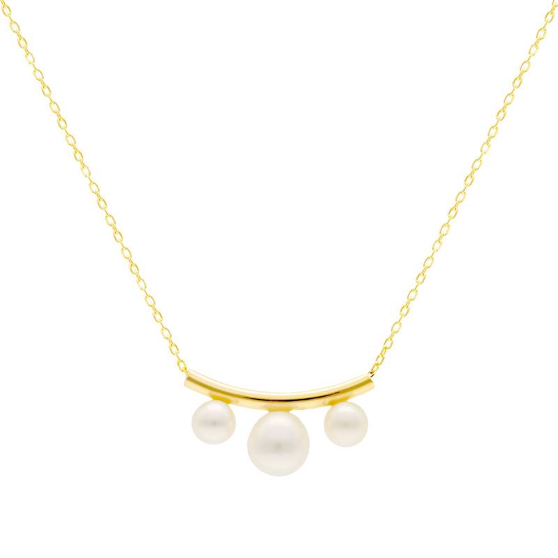 375 Yellow Gold & White Pearl Trilogy Necklace, Length 38 to 41 cm - Emanessence
