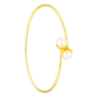 Jonc Flexible Motif Fleur en Or Jaune 375 & Perles de Culture - Emanessence