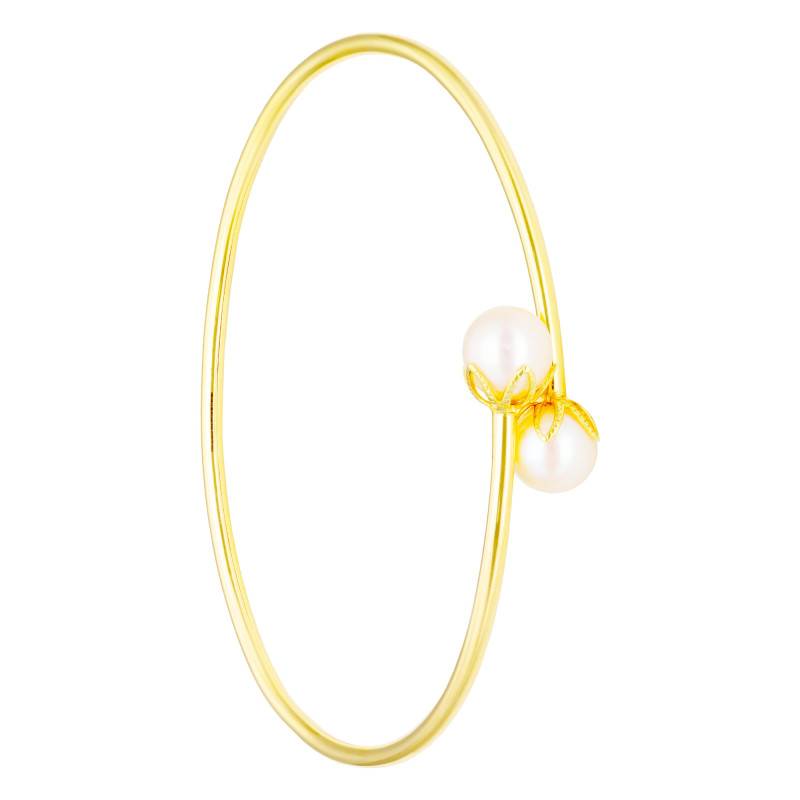 375 Yellow Gold & Cultured Pearl Flower Motif Flexible Bangle - Emanessence