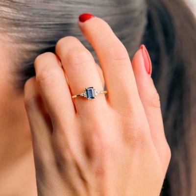 Bague en Or Jaune 375 & Saphir de Synthèse, Diamant de Synthèse 0,10 ct - Aurora