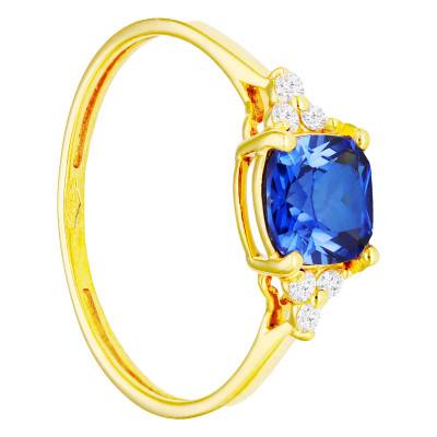 Bague en Or jaune 375 avec Saphir coussin et Diamants de Synthèse 0,10 ct - Aurora