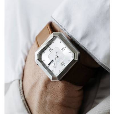 Montre 12H Marie Argent & Blanc Cuir Marron Havane Surpiqué 34mm - Gustave & Cie
