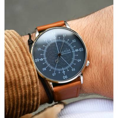 Montre 12H Louis Argent & Bleu Cuir Marron Havane Surpiqué 40mm - Gustave & Cie