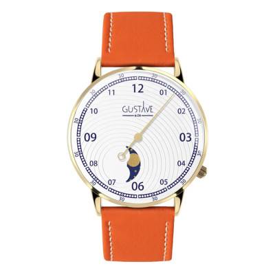 Georges Gold & White Orange Leather Stitched Watch Clémentine 12H 36mm - Gustave & Cie