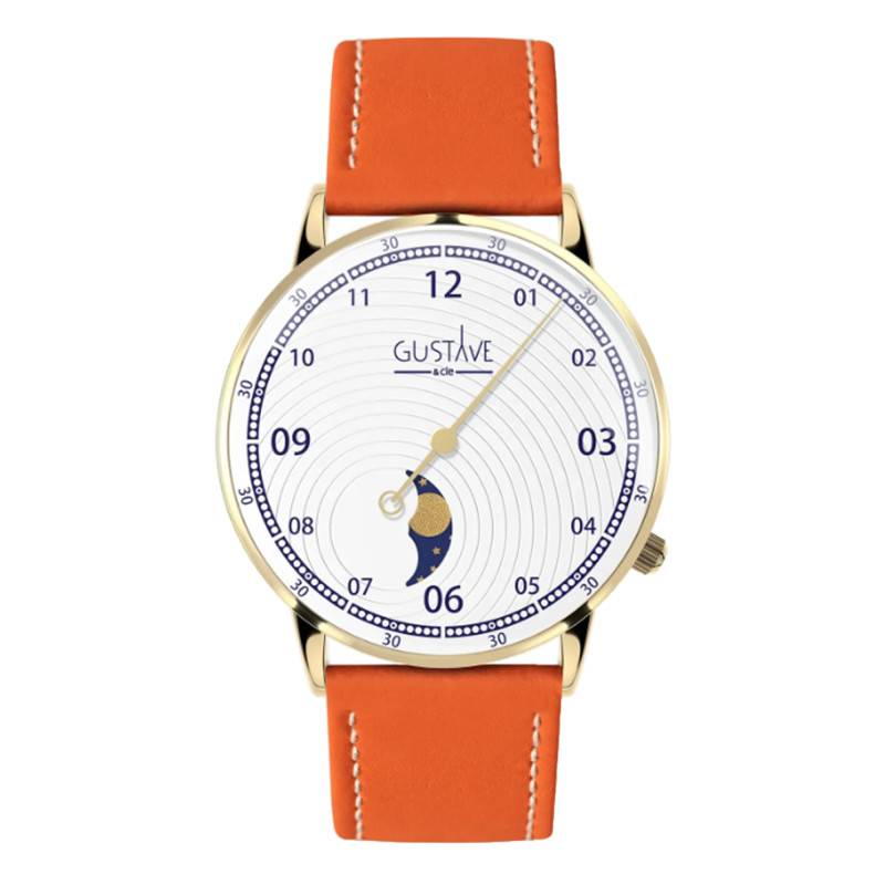Georges Gold & White Orange Leather Stitched Watch Clémentine 12H 36mm - Gustave & Cie