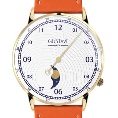 Montre 12H Georges Or & Blanc Cuir Orange Clémentine Surpiqué 36mm - Gustave & Cie