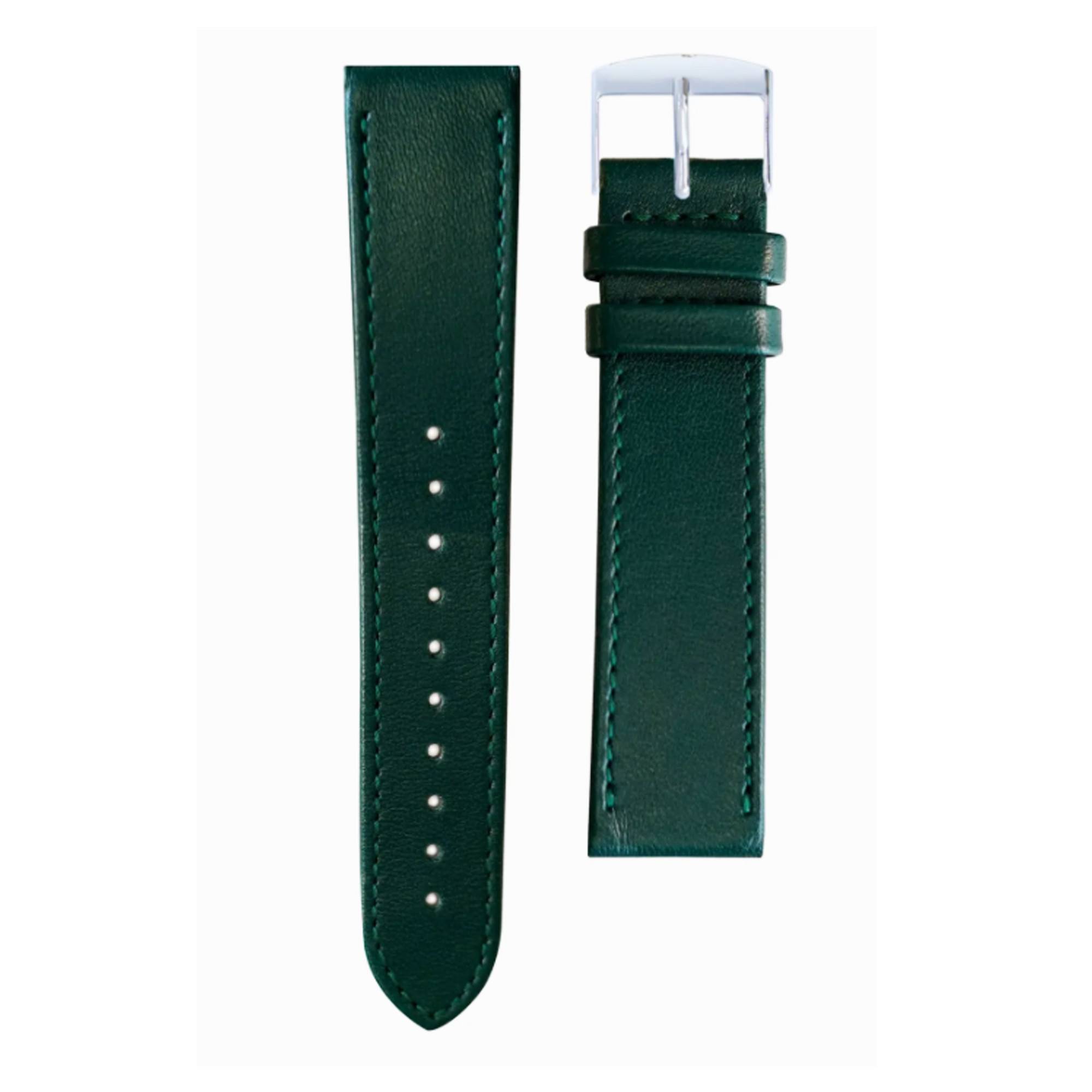 Bracelet Montre En Cuir Véritable Vert Foncé - Largeur 14 Mm - Boucle Argentée - Neuf Sans étiquette