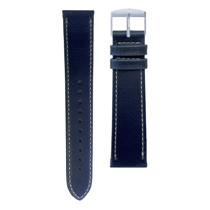 Blue Stitched Vegetal PU Watch Strap Silver Buckle - Gustave & Cie