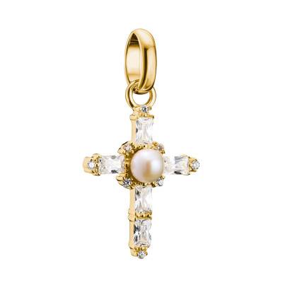 Pendentif Charm Croix Vintage en Argent 925 Plaqué Or 750 & Pierres Blanches et Perle - CC1287-445-14 - Thomas Sabo