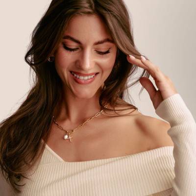 Recycled 925 Silver 750 Gold-Plated & White Stones and Pearl Vintage Cross Charm Pendant - CC1287-445-14 - Thomas Sabo