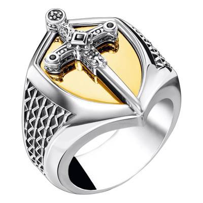 Chevalière Armure Épée en Argent 925 Plaqué Or Jaune 750 & Pierres Noires - TR2309-849-7 - Thomas Sabo