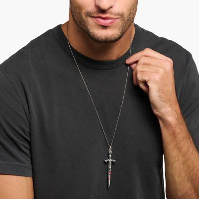 Pendentif Épée en Argent 925 & Pierres Noires et Rouges - PE900-640-28 - Thomas Sabo