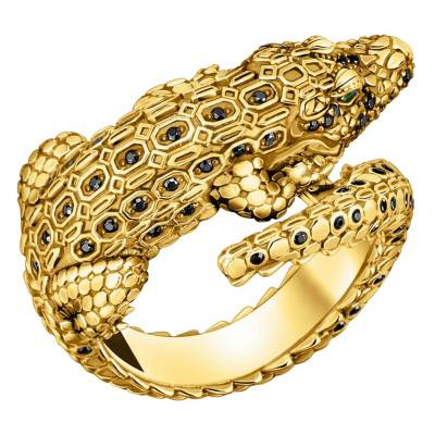 Bague Crocodile en Argent 925 Plaqué Or Jaune 750 & Pierres Noires et Vertes - TR2421-971-7 - Thomas Sabo