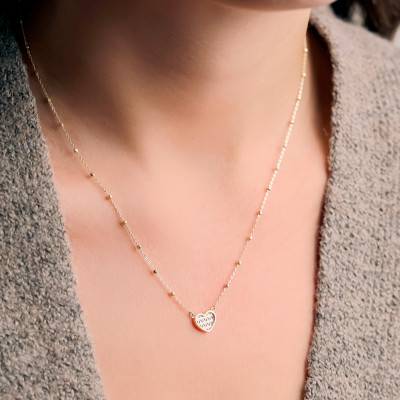 375/1000 Yellow Gold Sparkling Heart Necklace, Adjustable Length 41 cm to 46 cm - Emanessence