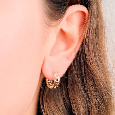 375 Yellow Gold Open-Work Fantasy Hoop Earrings - Emanessence