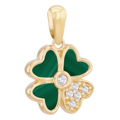 Pendentif Trèfle en Or Jaune 375 & Malachite de Synthèse et Pierres Blanches - Emanessence