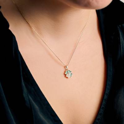 Pendentif Trèfle en Or Jaune 375 & Malachite de Synthèse et Pierres Blanches - Emanessence