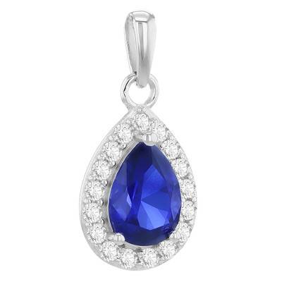 375/1000 White Gold, Synthetic Sapphire & Zirconium Oxide Halo Drop Pendant - Emanessence