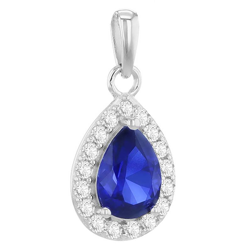 375/1000 White Gold, Synthetic Sapphire & Zirconium Oxide Halo Drop Pendant - Emanessence
