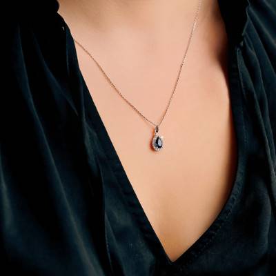 375/1000 White Gold, Synthetic Sapphire & Zirconium Oxide Halo Drop Pendant - Emanessence