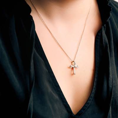 Collier Croix en Argent 925 Plaqué Or Jaune & Diamants de Synthèse 0,22 ct, Longueur 46 cm - Emanessence