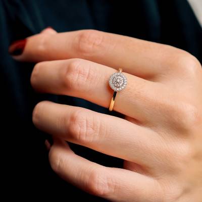 Bague en Argent 925 Plaqué Or Jaune & Halo de Diamants de Synthèse 0,10 ct - Emanessence
