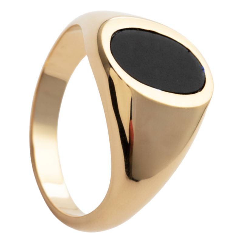 Yellow Gold-Plated Oval Signet Ring with Black Stone - Emanessence