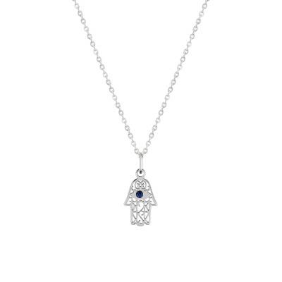 Steel & Blue Zirconium Oxide Hamsa Hand Necklace, Length 50 cm - Emanessence