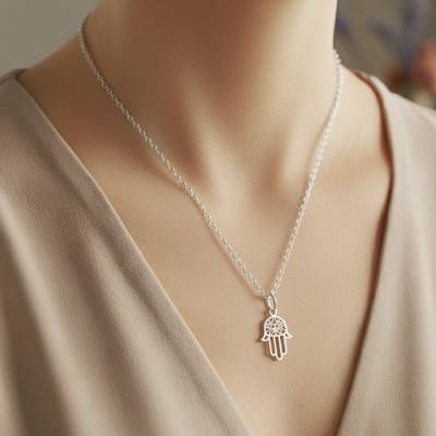 750/1000 White Gold Open-Work Hamsa Hand Pendant - Argyor