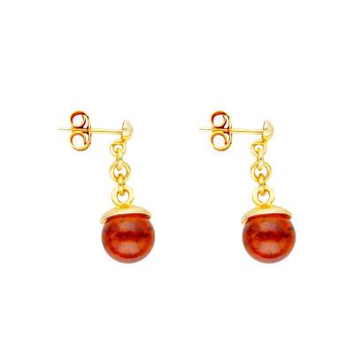 Boucles d'Oreilles Boule Ambre Cognac & Argent 925 Doré Jaune - Naïades