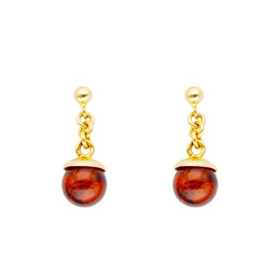 Boucles d'Oreilles Boule Ambre Cognac & Argent 925 Doré Jaune - Naïades