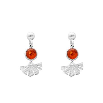 Boucles d'Oreilles Feuille Pendantes en Ambre et Argent 925 - Naïades