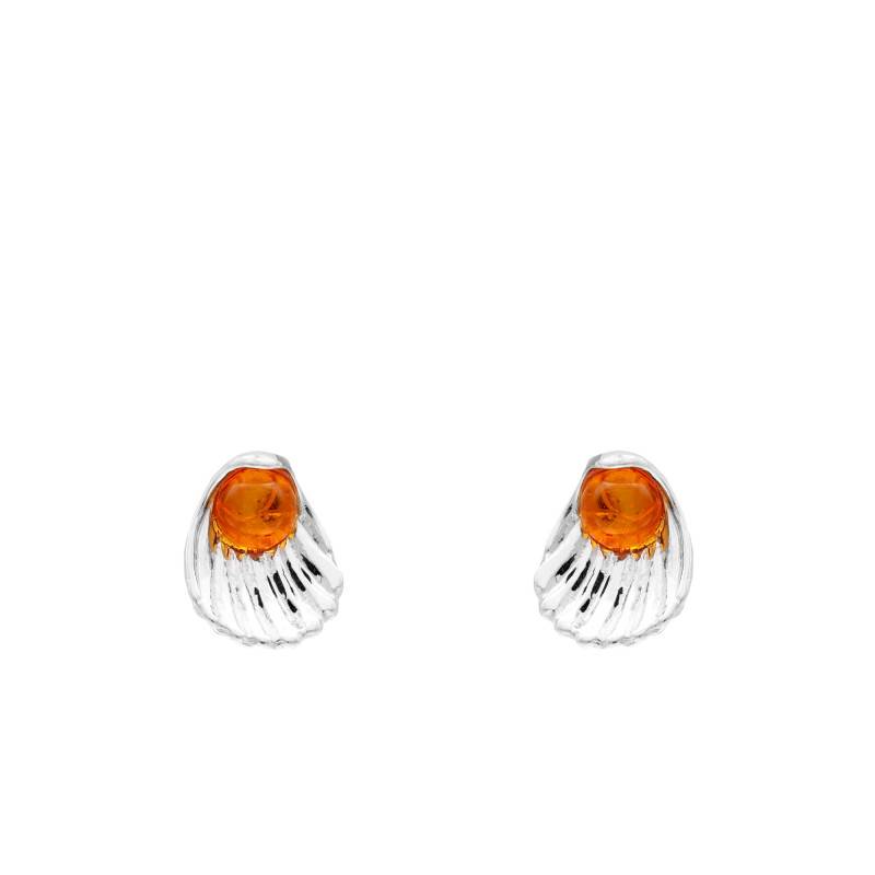 925 Silver Small Shell Amber Stud Earrings - Naïades