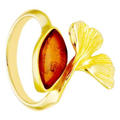 Bague Feuille Ginkgo & Pierre d'Ambre en Argent 925 Doré, Taille 51 - Naïades