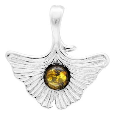 Pendentif Feuille Ginkgo Ambre Vert Argent 925 - Naïades