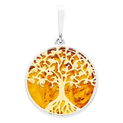 Pendentif Rond Arbre de Vie en Ambre en Argent 925 - Naïades