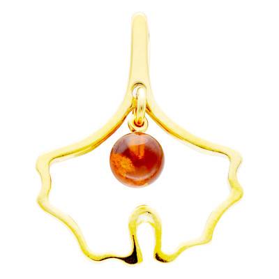 Pendentif Feuille Ginkgo en Ambre, Argent 925 Doré - Naïades